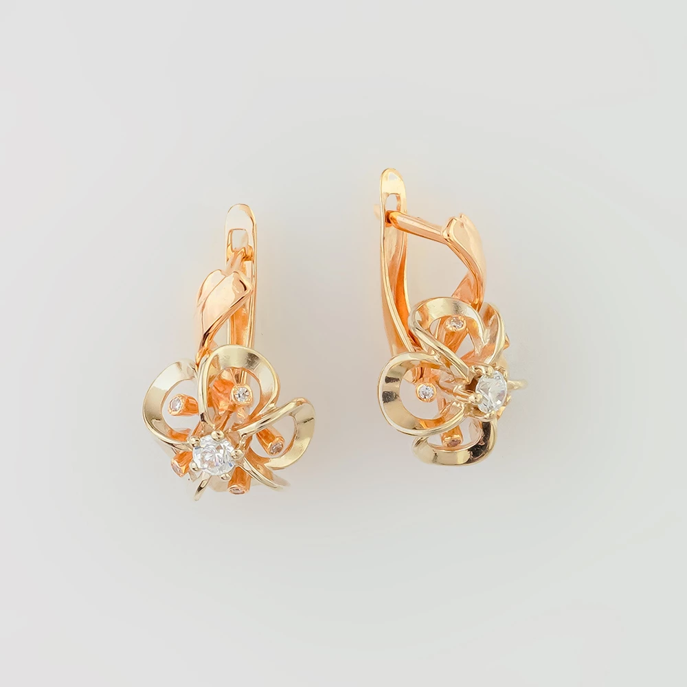 Серьги с фианитом из красного золота 585 пробы