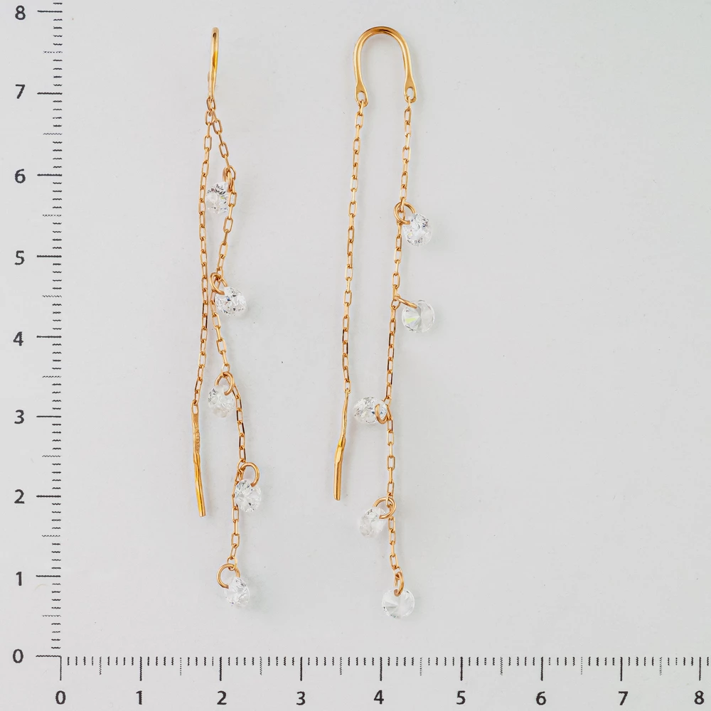 Серьги-продевки с фианитом из красного золота 585 пробы