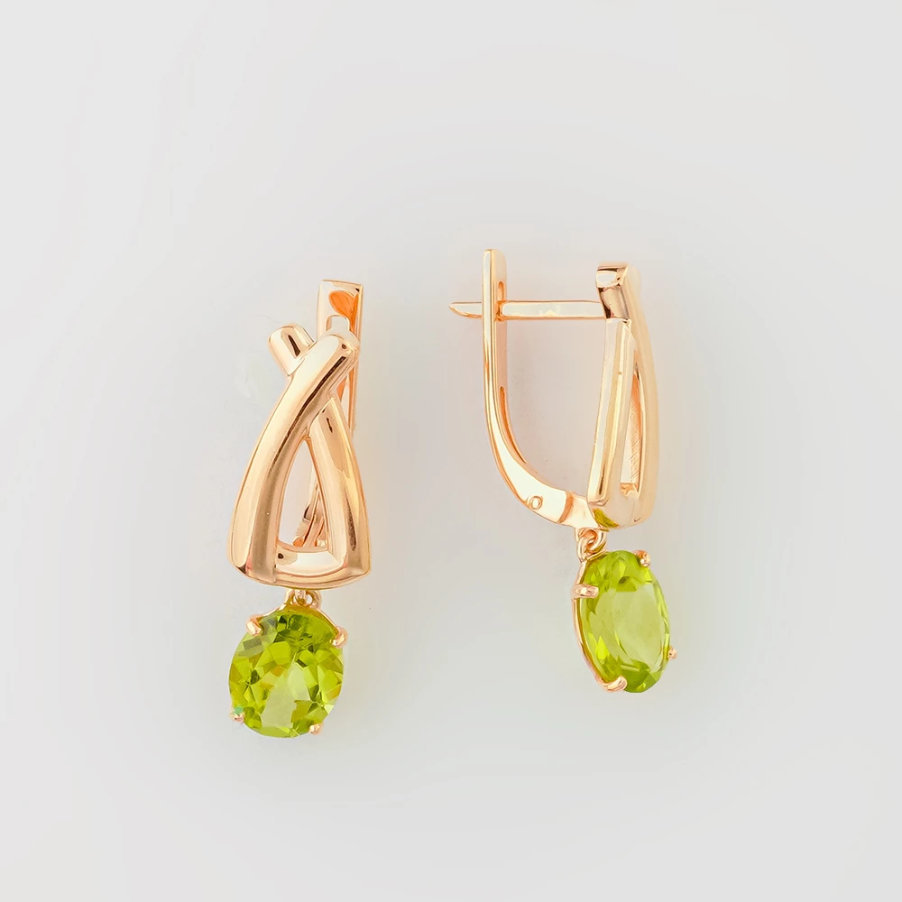 Серьги с хризолитом из красного золота 585 пробы