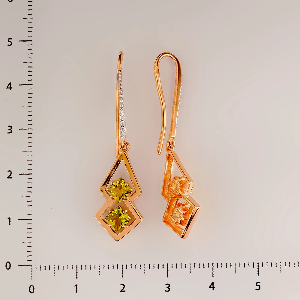 Серьги с хризолитом из красного золота 585 пробы