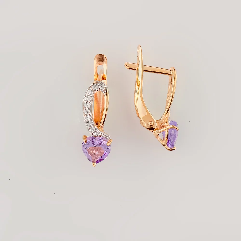 Серьги с аметистом из красного золота 585 пробы